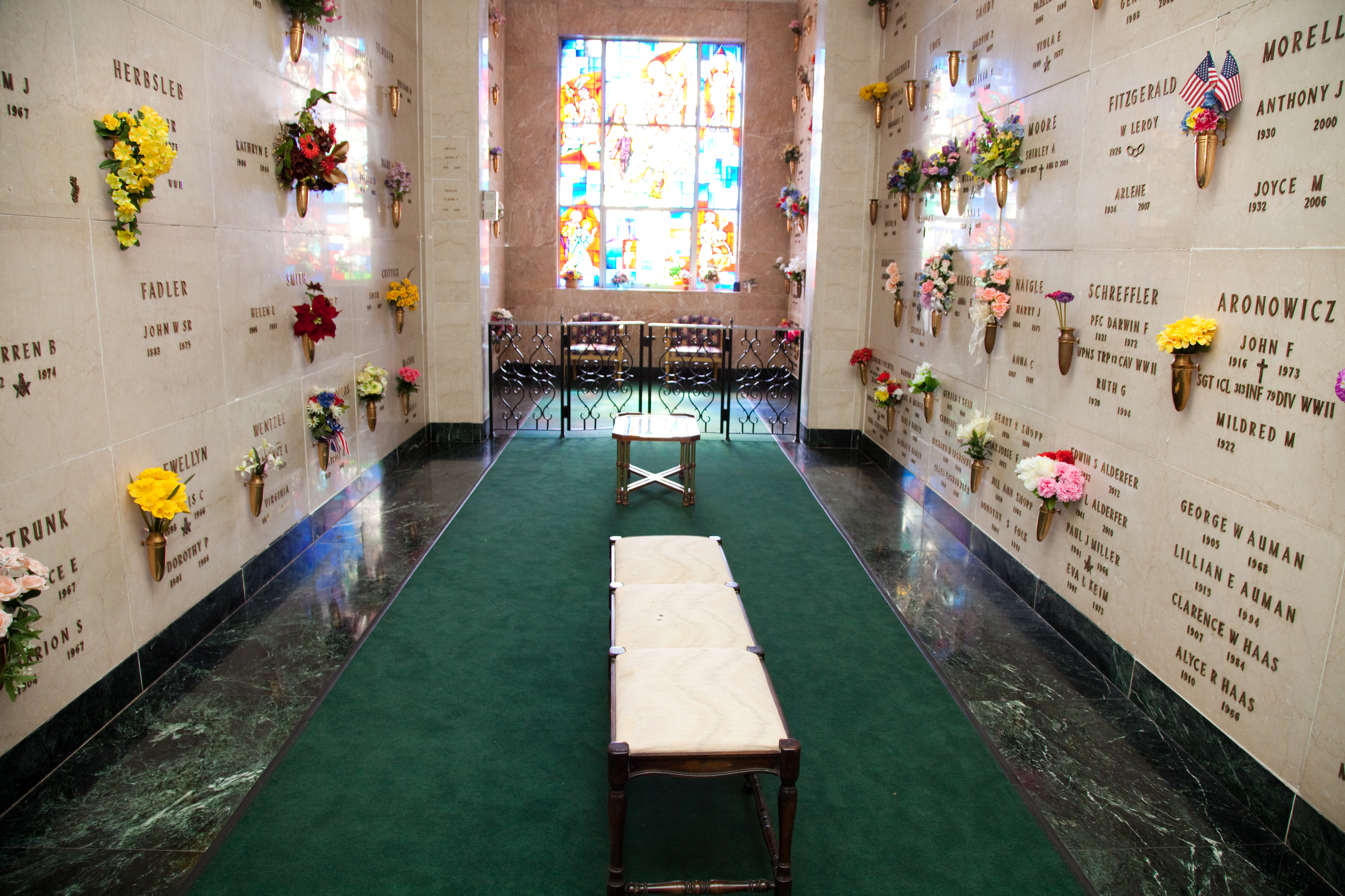 Community mausoleum interior with individual crypts and climate control
